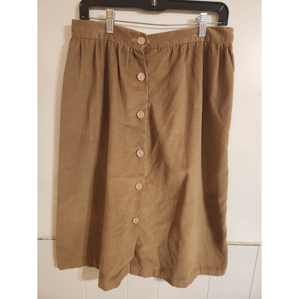 Vtg Brown Corduroy Midi Skirt Button Front Made USA Minimal Academia Casual